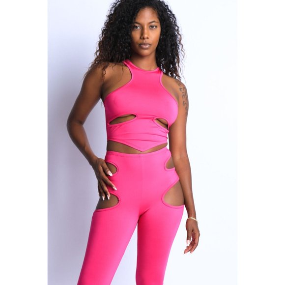 Women's Sexy Cut-Out Detailed Halter Crop Top & Matching Leggings Set Club Party - Picture 11 of 12